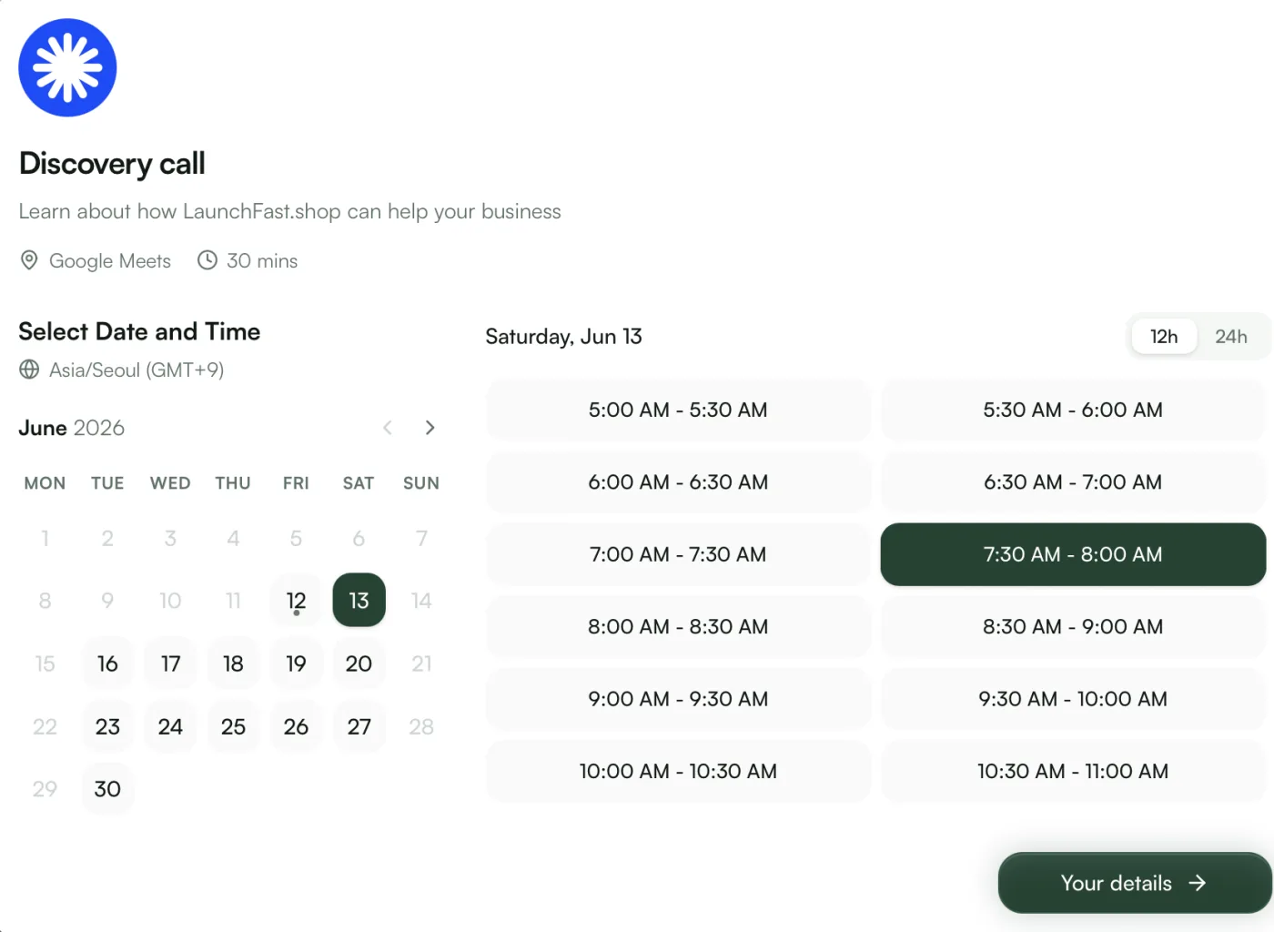 GoodInbound hosted booking page with date and time slot picker