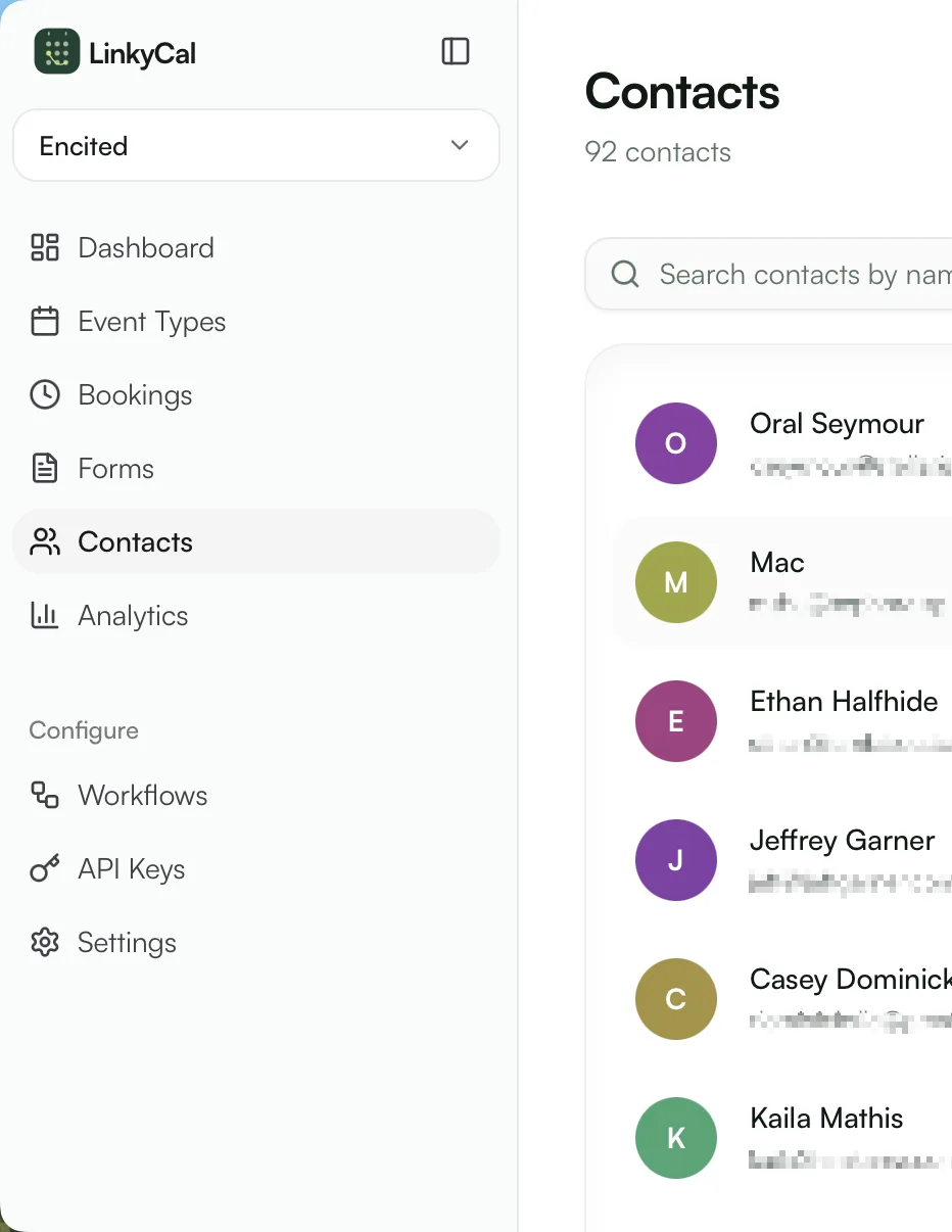 GoodInbound contacts list inside the dashboard