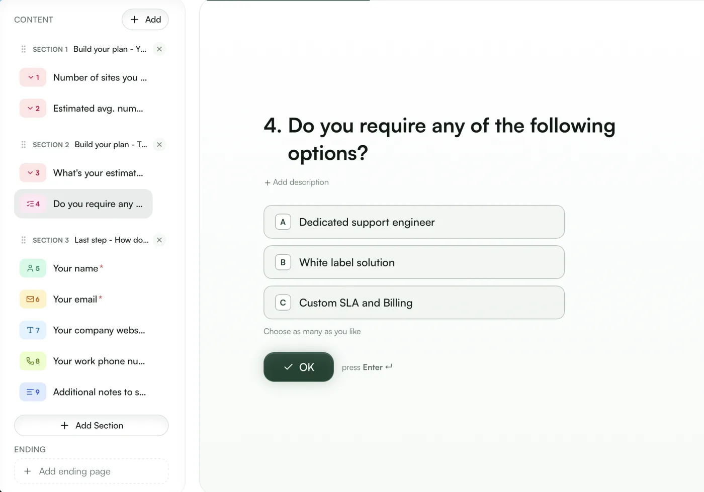 GoodInbound form builder editing a multi-step quote form
